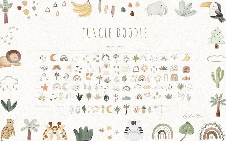 May include: A set of 133 watercolor jungle doodle illustrations, including animals, plants, rainbows, and other elements. The illustrations are in a variety of colors, including green, brown, yellow, and pink. The illustrations are perfect for creating invitations, cards, and other projects.