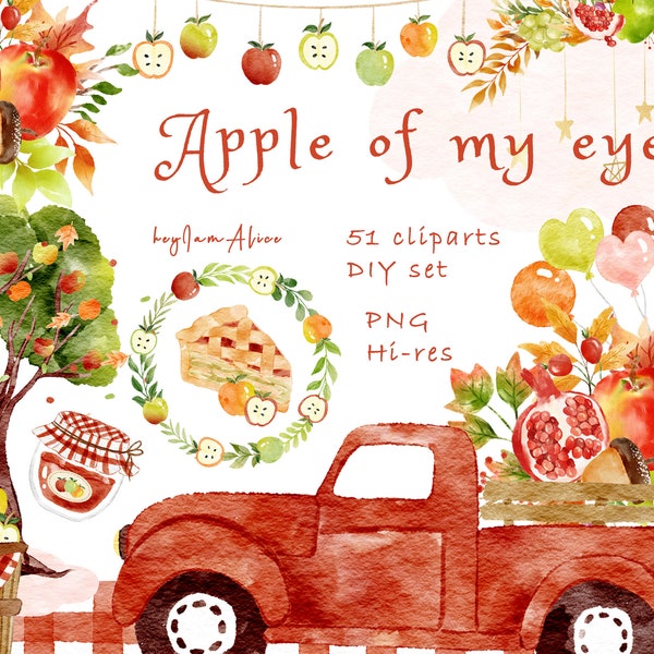 Apple clipart, watercolour autumn PNG, apple of my eye invitation, apple baby shower, watercolour fruit graphic, apple tree, apple pie PNG