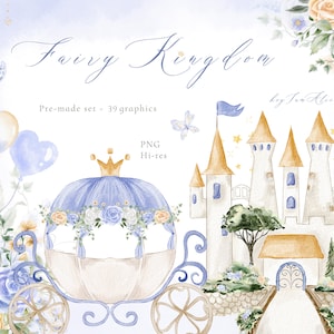 Clipart acquerello per bambina, clipart piccola principessa, clipart per vivaio, regno fatato, castello magico PNG, carrozza blu, compleanno principessa