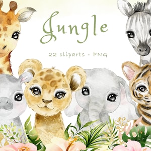 Clipart animal aquarelle jungle, pépinière jungle, shower de bébé safari, graphique animal sauvage, bébé éléphant, bébé girafe lion, sublimation PNG