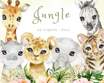 Jungle watercolor animal clipart, jungle nursery, safari baby shower, wild animal graphic, baby elephant, baby lion giraffe, sublimation PNG