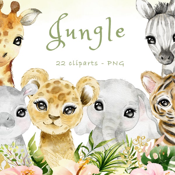 Jungle watercolor animal clipart, jungle nursery, safari baby shower, wild animal graphic, baby elephant, baby lion giraffe, sublimation PNG
