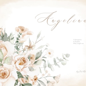 Beige ROSE fleur aquarelle clipart, PNG floral neutre, aquarelle bouquet png, mariage clipart, clipart pépinière, cadre or floral beige