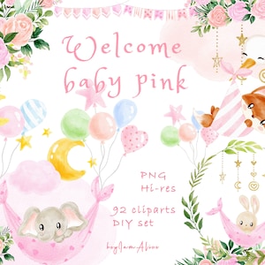 Welcome Baby watercolor clipart, baby animal, nursery pink, gender reveal, baby shower graphics, it&#39;s a girl, newborn PNG, hello baby, cubs