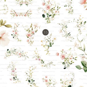 May include: A digital paper pack with 35 watercolor floral illustrations. The illustrations feature pink, white, and green flowers, leaves, and vines. The illustrations are perfect for creating invitations, cards, and other paper crafts.