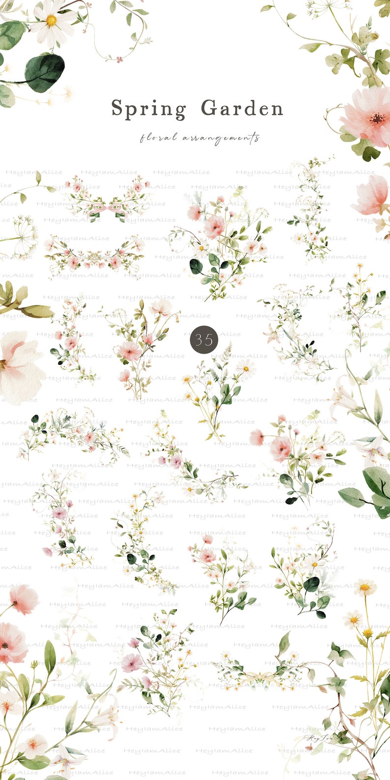 May include: A digital paper pack with 35 watercolor floral illustrations. The illustrations feature pink, white, and green flowers, leaves, and vines. The illustrations are perfect for creating invitations, cards, and other paper crafts.