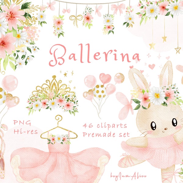 Ballerina clipart, watercolor animal clipart, bunny ballerina PNG, tutus graphics, nursery clipart, baby shower graphic, ballerina baby girl