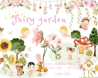 Fairy garden watercolor clipart, enchanted forest, fairy tale graphics, nursery clipart, magical fairy, once upon a time clipart, baby PNG