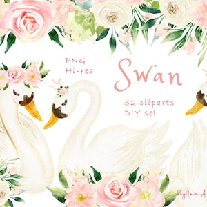 Zwaan clipart PNG, aquarel zwaan, GRATIS COMMERCIEEL gebruik, kinderkamer clipart, ballet zwaan, prinses zwaan, roze bloem clipart png, babyshower