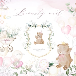 Baby beer clipart, roze aquarel teddybeer PNG, bearly wacht uitnodiging, baby bos dieren clipart, kinderkamer kunst, baby meisje clipart png