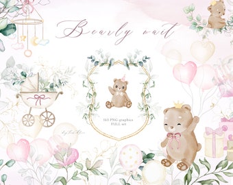 Baby bear clipart, pink watercolor teddy bear PNG, bearly wait invitation, baby woodland animal clipart, nursery art, baby girl clipart png