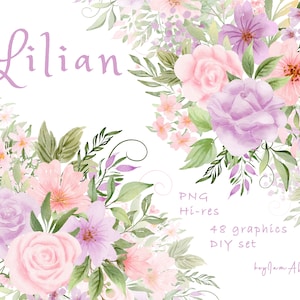 Rosa lila Blumen Aquarell Clipart, zart rosa Blumen PNG, Hochzeit Clipart, Kinderzimmer Clipart, blush floral gold Rahmen, Sublimation Design