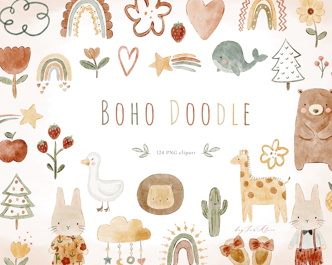Boho Baby Watercolor Clipart, Nursery Animal Clipart, Newborn Boho Kid ...