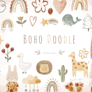 Boho Baby Aquarell Clipart, Kinderzimmer Tier Clipart, Neugeborene Boho Kid Doodle, Boho Babyparty PNG, Mond Kind Grafik, Sublimationsdesign