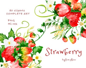 Watercolor strawberry Clipart, Fruit strawberry png, FREE COMMERCIAL use, COMPLETE set, fruit clipart, strawberry decor, red strawberry png