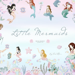 Clipart sirène, petite sirène aquarelle graphique, clipart pépinière, graphiques pour enfant, sous la mer, animal marin PNG, créatures de l'océan, bébé