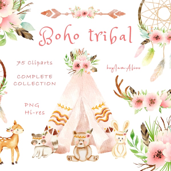 COMPLETE Boho tribal Clipart, FREE COMMERCIAL use, Watercolor feather and flower animal Clipart, Nursery Boho Woodland ,Baby Shower boho