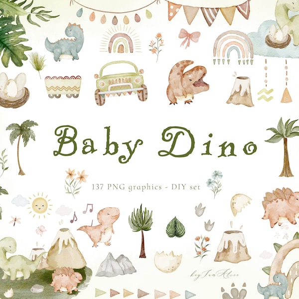 Baby Dinosaurs Watercolour Clipart, Cute Dinosaurs, Dino Decor, Dinosaur birthday Invitation, baby Dinosaur PNG, T rex, tyrannosaurus PNG