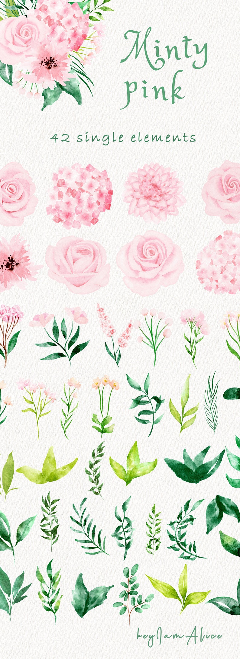 Pink Mint Watercolor Flower Clipart Pink Floral Png FREE | Etsy