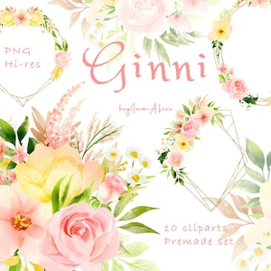 Roze gele bloem aquarel clipart, gloed roze bloemen PNG, GRATIS COMMERCIEEL gebruik, zacht roze boeket, bruiloft clipart, kinderkamer clipart png
