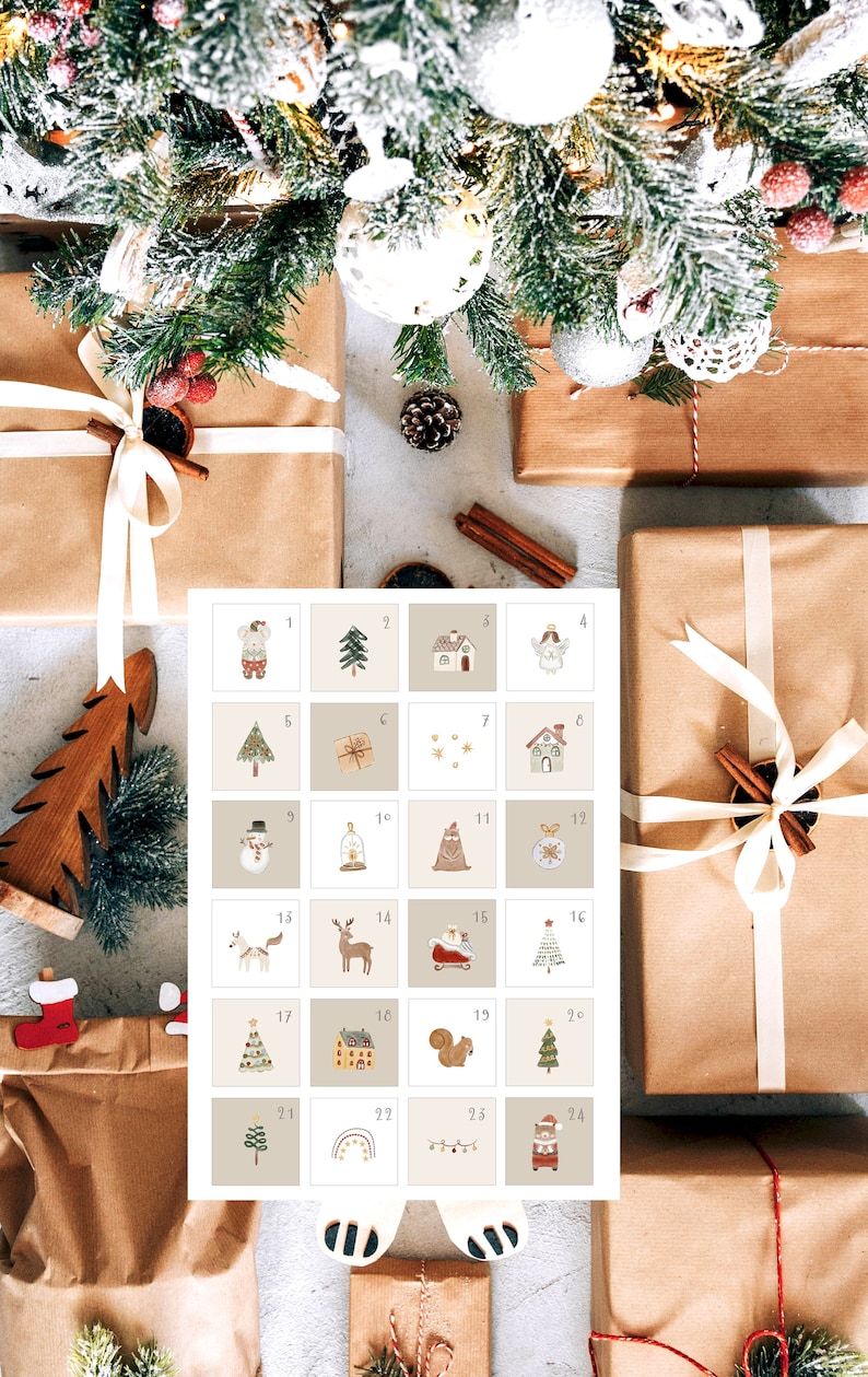 May include: A printable Christmas advent calendar with 24 numbered squares, each featuring a different festive illustration. The illustrations include a snowman, a reindeer, a Christmas tree, a house, a bell, a star, and a squirrel.