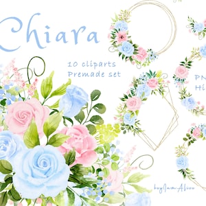Clipart floreale acquerello rosa blu, grafica digitale rosa, clipart verde, clipart fiore matrimonio PNG, clipart fogliame, PNG rosa tenue