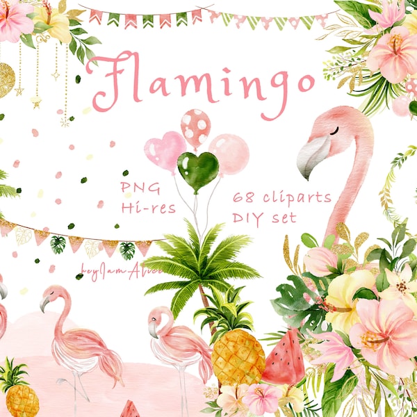 Tropical flamingo watercolor clipart, pink flamingo PNG, summer party graphic PNG, coconut tree, pineapple clipart, tropical leave flower