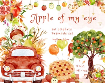 Apple clipart, watercolour autumn PNG, apple of my eye invitation, apple baby shower, watercolour fruit graphic, apple tree, apple pie PNG