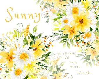 DAISY Floral watercolor clipart, white yellow floral, FREE commercial use, daisy frame, chamomile flower clipart, sunflower daisy graphic
