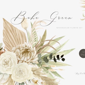 Clipart d'herbe de pampa de palmier séché, aquarelle de fleur Boho rustique, graphique boho élégant, faire-part de mariage, fichier png, sublimation imprimable