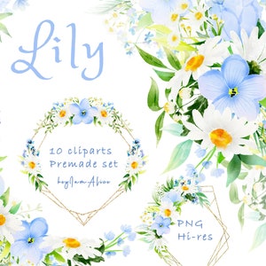 Blauw vergeet me niet bloem aquarel clipart, madeliefje bloemen PNG, gratis commercieel gebruik, bruiloft clipart, kinderkamer clipart, bloemen gouden frame PNG