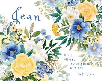 Blue Floral watercolor clipart, yellow floral graphic, greenery clipart png, wedding invite clipart, blue flower watercolor. navy floral png