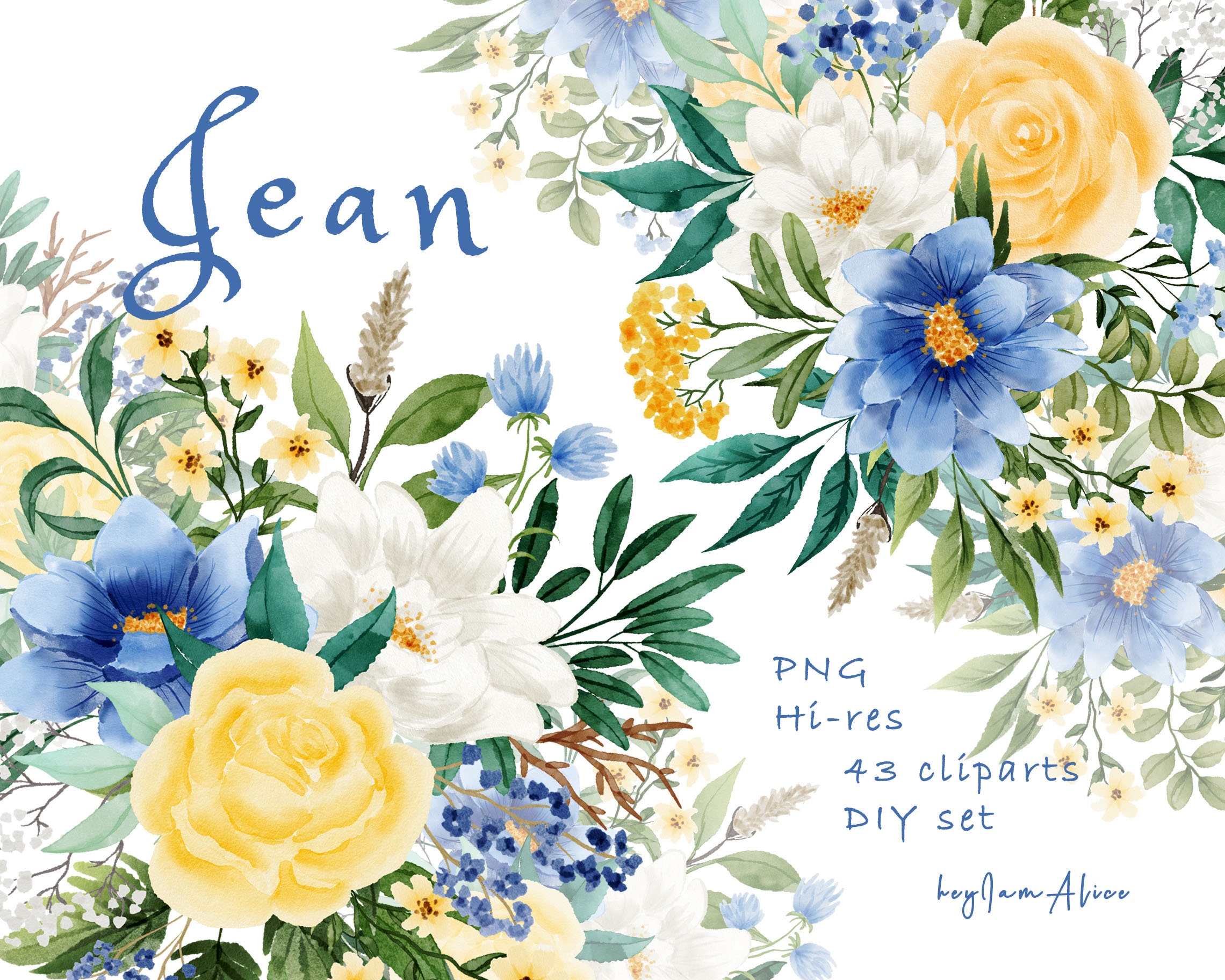 Blue Floral Watercolor Clipart, Yellow Floral Graphic, Greenery Clipart ...