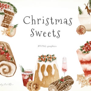 Grafica clipart dolci natalizi ad acquerello, dessert natalizi, clipart di biscotti, dolcetti di Natale, cioccolata calda, design di sublimazione natalizia PNG