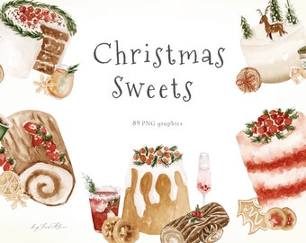 Watercolor Christmas Sweets Clipart Graphic, Holiday Desserts, Cookies ClipArt, Xmas Treats, Hot Chocolate, Christmas sublimation design PNG