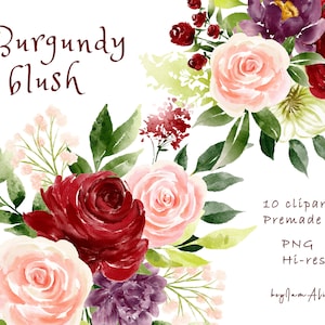 Burgundy Blush Watercolor Floral Clipart, Wine pink flower PNG, FREE COMMERCIAL use, vintage rose clipart, wedding flower clipart, bordo png