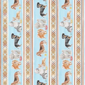 May include: A seamless pattern featuring various dog breeds in a repeating pattern. The dogs are illustrated in a watercolor style and are standing on a light blue background with brown and beige plaid stripes.