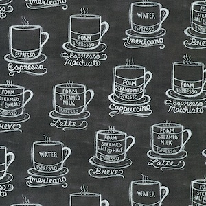 Fabric By The Yard Novelty coffee Robert Kaufman Metro Cafe, Black
