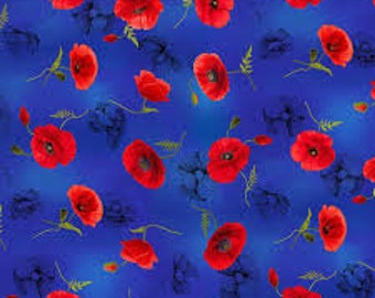 Fabric By The Yard Novelty floral Timeless Treasures Tossed Poppies on blue