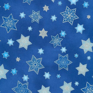 Fabric By The Yard Novelty Holiday Hanukah Robert Kaufman Holiday Stars of Light silver metallic Stars Pattern Number 19955