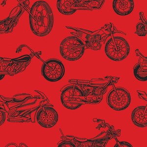 Könnte beinhalten: Ein nahtloses Muster mit verschiedenen Motorradstilen, die in schwarzer Tinte auf rotem Hintergrund gezeichnet sind. Die Motorräder umfassen einen Chopper, ein Dirtbike, eine Cafe Racer und einen Cruiser.