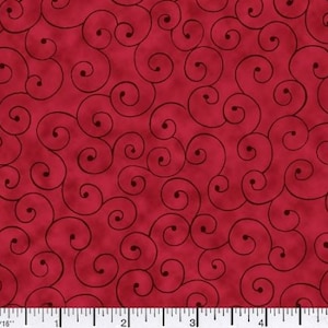 May include: Red fabric with a repeating pattern of black swirls.
