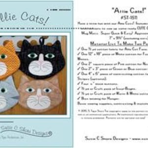 May include: A craft pattern titled "Allie Cats!" featuring four embroidered cat face designs in orange, black, gray, and tan. The pattern includes instructions and materials needed to make two pot holders. The pattern is from Susie C. Shore Designs.