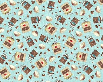 Könnte beinhalten: Ein nahtloses Muster mit einem sich wiederholenden Design aus alten Kaffeemühlen, Kaffeebohnen und Muscheln auf hellblauem Hintergrund.