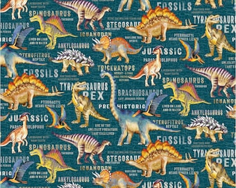 Fabric By The Yard Novelty DINOSAURS ,Michael Miller Dinosaur Land on Teal