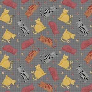 Fabric By The Yard Novelty Cats Benartex Tossed Cats Houndstooth Gray Cats 16308B-13