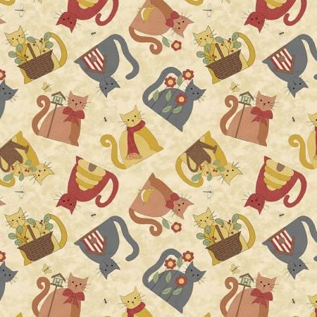 ◆Cat◆ Fabric by the Yard Novelty Cats Benartex Tossed Cats Cream