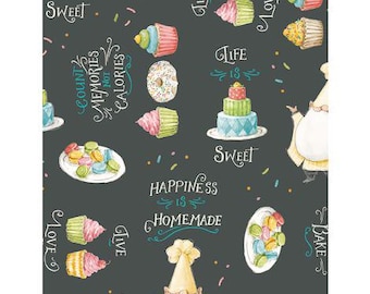 Fabric By The Yard Novelty Baking Wilmington Prints Sweet Little Treasures cupcakes with Words Black 17828