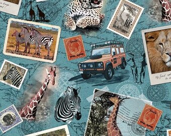 Könnte beinhalten: Ein blauer Hintergrund mit einer Collage aus Postkarten im Vintage-Stil, die Bilder von afrikanischer Tierwelt zeigen, darunter Zebras, Giraffen, Löwen und ein Leopard. Die Postkarten haben Briefmarken mit den Worten "Tanzania Safari Circuits", "Südafrika" und "Indien Kenia".