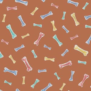 May include: A seamless pattern of colorful bone shapes on a brown background. The bones are in various shades of blue, yellow, pink, and green.